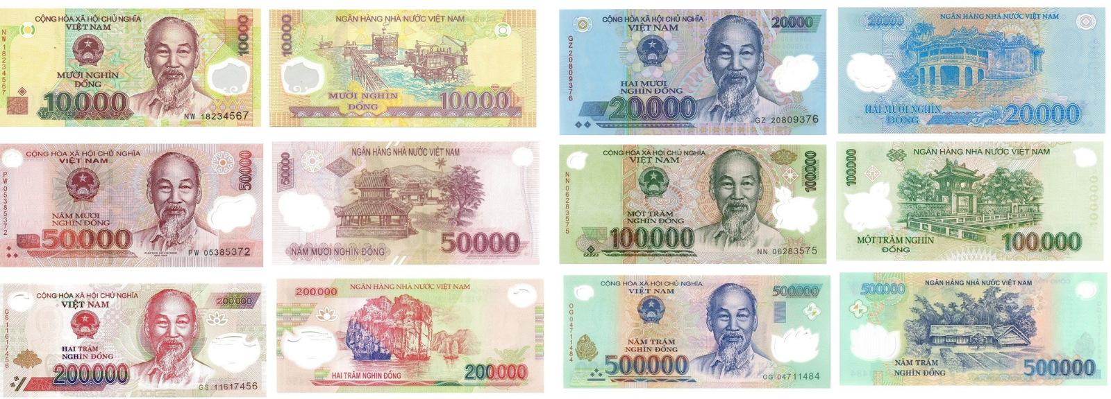 Todos los billetes de Vietnam 10.000,20.000,50.000,100.000,200.000 y 500.000 VND