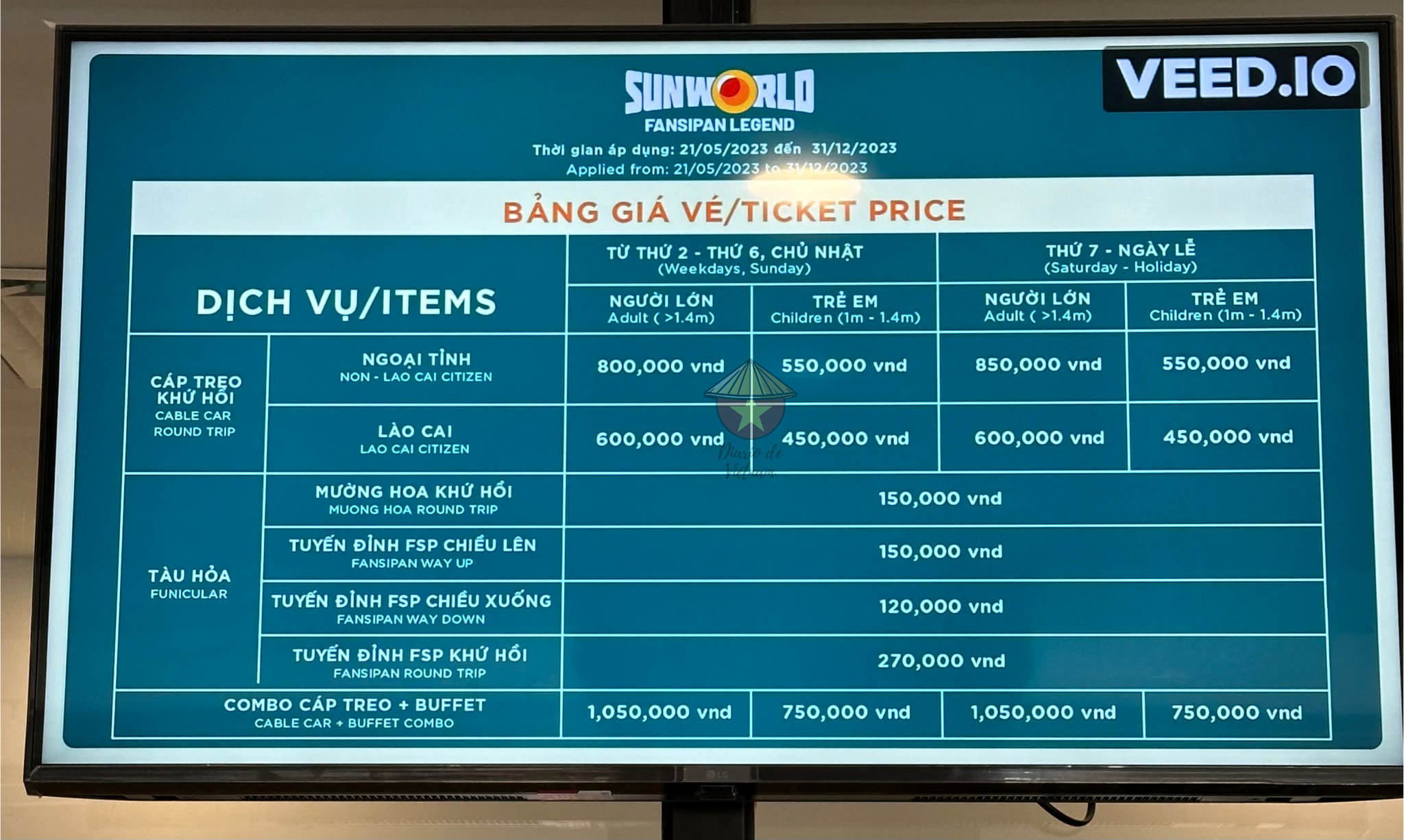 Precios del teleférico a Fansipan Pantalla de precios que sale en la estación