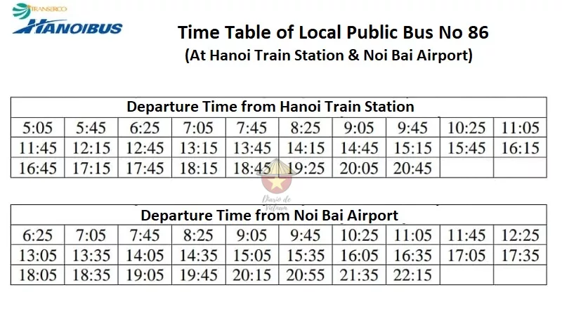 Horarios del autobús 86 del aeropuerto de Hanoi al centro Tabla de horarios del autobús 86 desde el aeropuerto de Hanoi al centro de la ciudad
