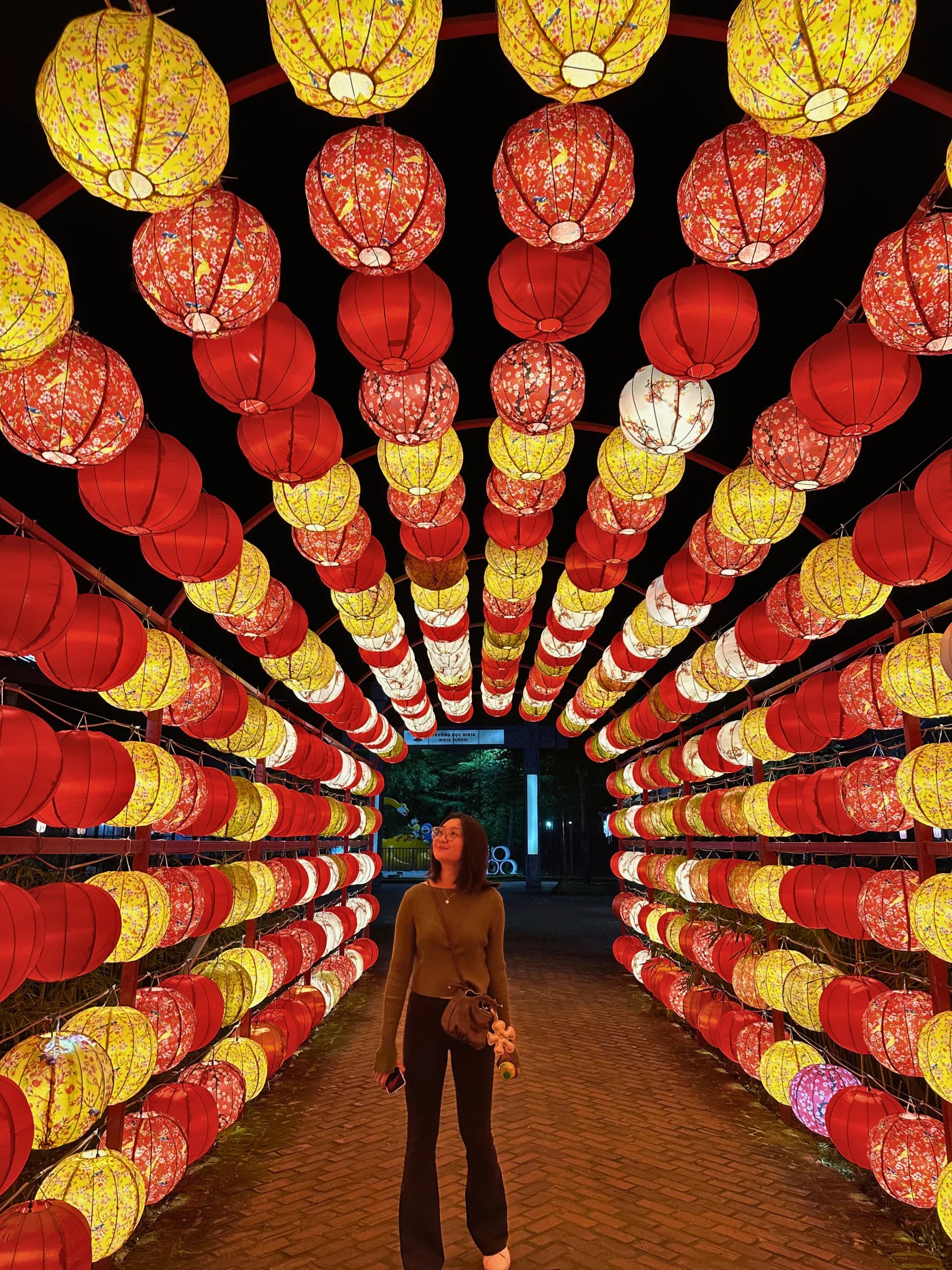 Muoi posando con los típicos farolillos de Hoi An